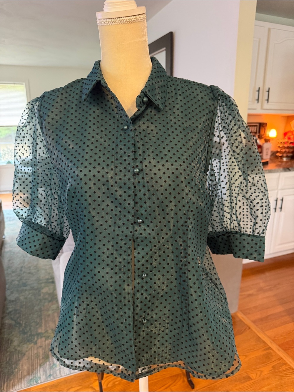 Woven Polka Dot Puff Sleeve Shirt - Green